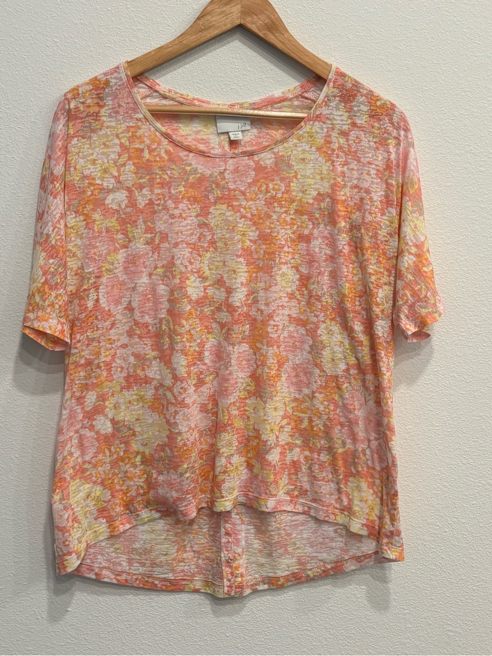 J. Jill Cotton Peach, Yellow & Cream Floral Scoop-Neck Top Size Large
